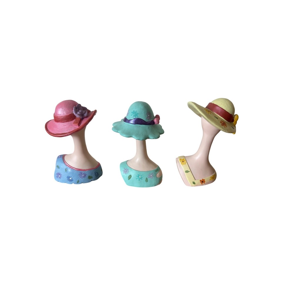Vintage Style Polystone Lady Bust Figurine Set Sun‎ Hats Floral Pastel 3 Piece